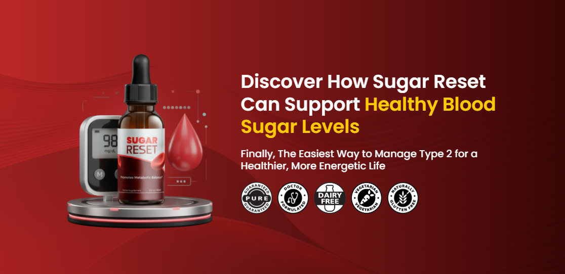 Sugar Reset drop bottle with glucose meter promoting healthy blood sugar levels
